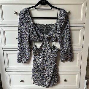 Floral Cutout Dress with Puff Sleeves
